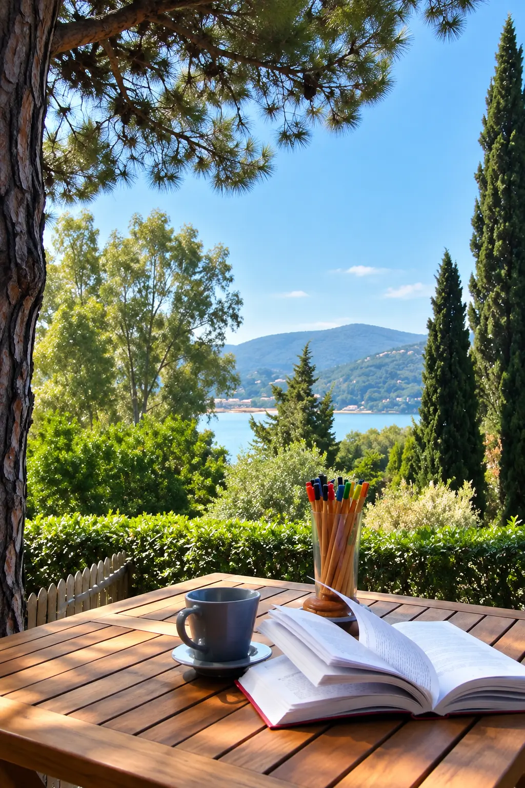 Tavolo con libro e caffè affacciato sul golfo dell'Elba